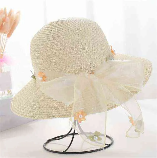 Zomer strand stro hoed vrouwen meisje kant boog bloem zon hoed zon hoed grote rand G220301