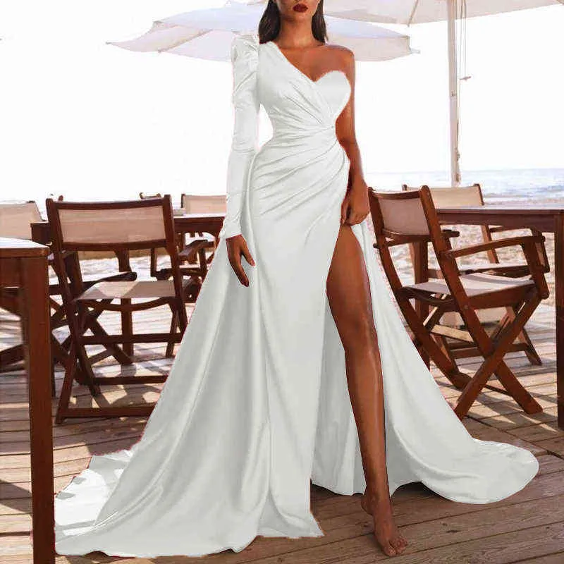 Robes de soirée de mariage de bal femmes soirée élégante sexy une épaule dos nu satin plissé côté fendu lâche longue robe maxi 2022 Y2256D
