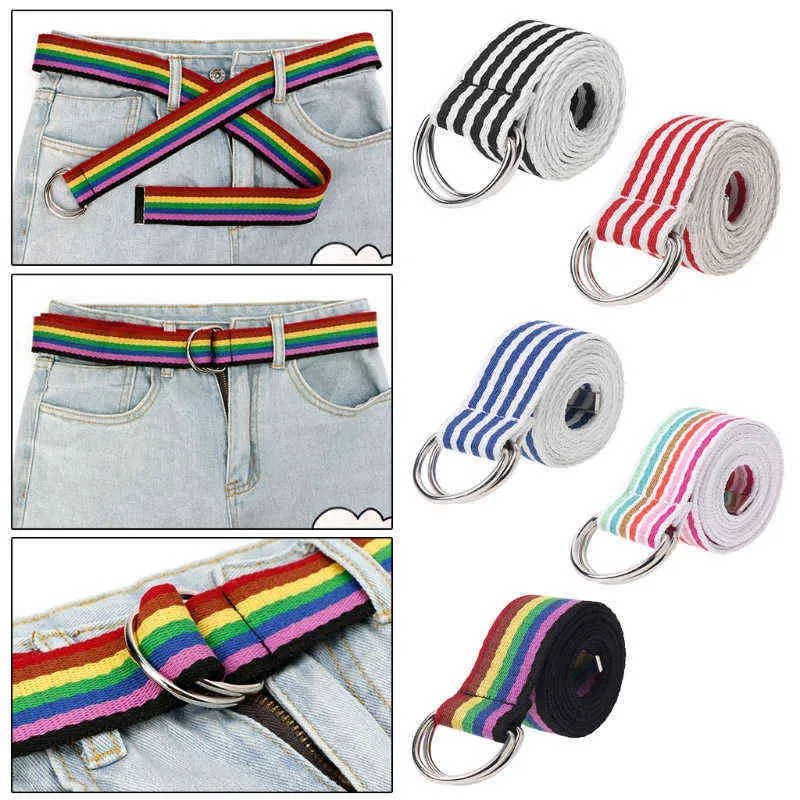 BLA 130 cm langer Canvas-Gürtel mit D-Ring-Schnalle, Regenbogenfarbe, All-Match-Freizeitgurt, Bund für Männer, Frauen, Jeans, Hosen, Großhandel Z30 G220301