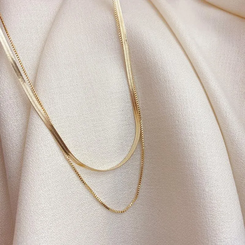 Minimalistische dubbele laag Women Box Chain HerringBone Chain Gold Ploated Choker Kettingen Koreaanse mode mes ketting265G