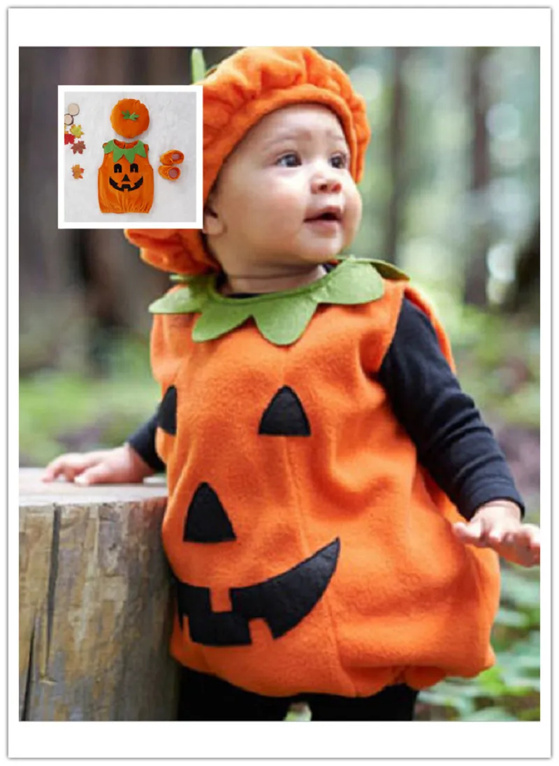 New Halloween Costume Infant Sleeveless Romper Clothes Baby Boy Girl Pumpkin Hoodie Top Hat+Shoes Toddler Cosplay Sets 201028