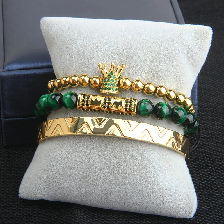 Conjunto Crown Bangel Bracelet for Men Green CZ Crown Braiding Bracelet Moda de aço inoxidável Jóias de manguito