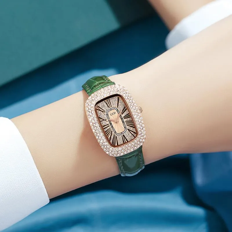 Montre-bracelets Gedi Luxury Femmes Regardez des strass complètes Rectangle Fashion Afficée en cuir imperméable Bracelet Bracelet Watch Casual For252B