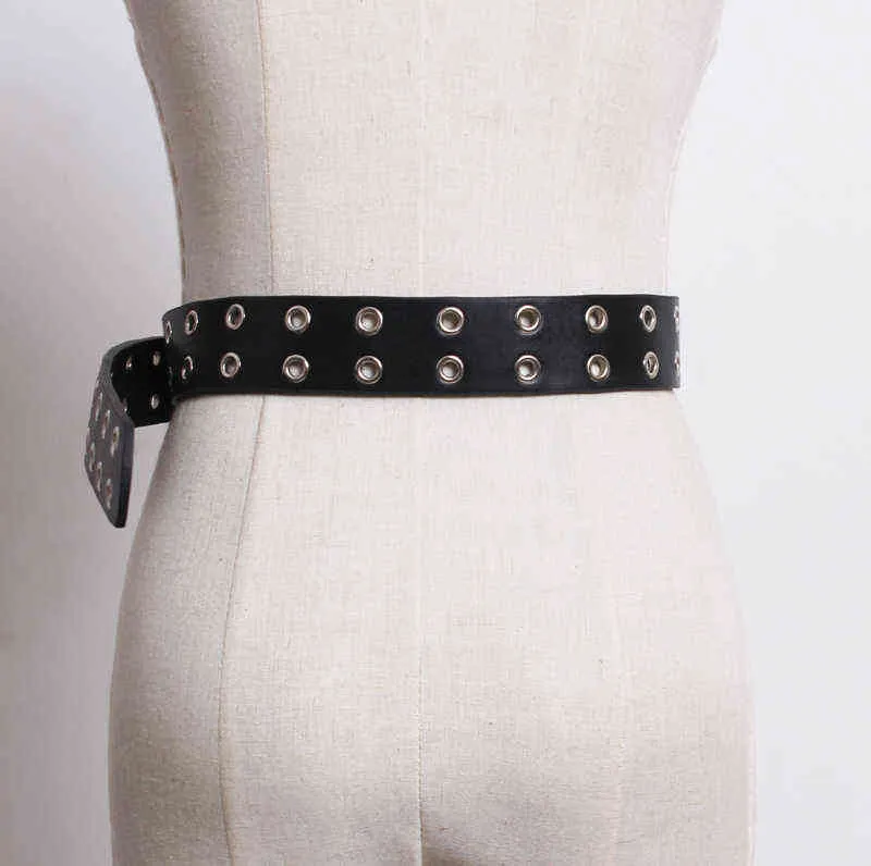 Nuevos cinturones de diseño para mujeres Punk Silver Pin Hebilla Cinturón Hollow Rivet Faux Leather Soft Black Cintura Correa Jeans Vestido de doble capa G220301