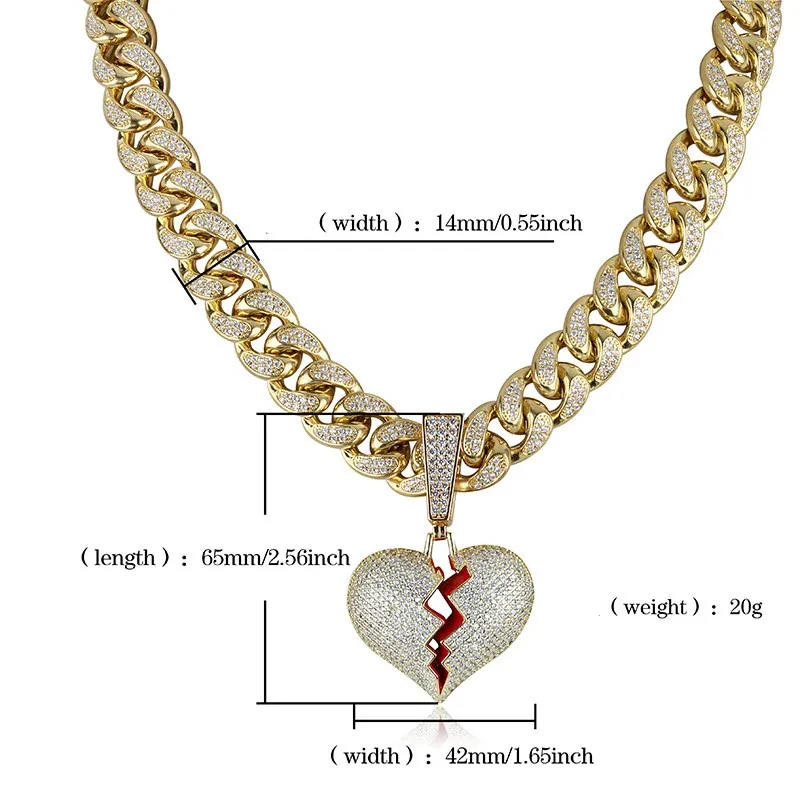 Hip Hop Sieraden Ontwerper Ketting Iced Out Hanger Cubaanse Link Chain Gold Diamond Break Heart Hangers Luxe Bling Charm Rapper Me204m