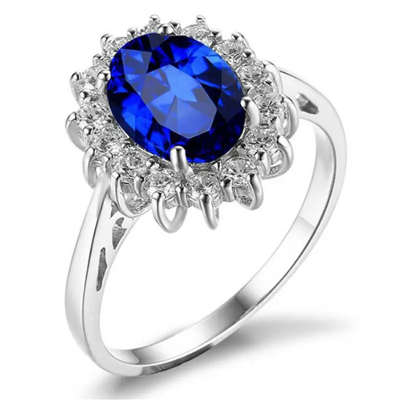 Ins top vender anéis de casamento simples moda jóias 925 prata esterlina oval corte azul safira pedras preciosas esmeralda cz diamante festa wo1927