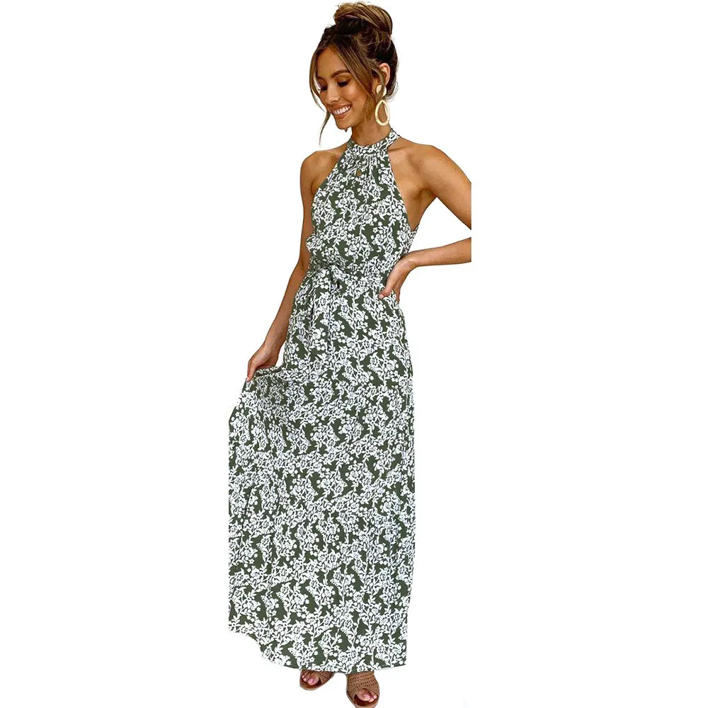 サマープリントの自由ho放なドレス女性2020ハーターノースリーブロングドレスガールズホリデープリーツフローラルマキシドレスY0118