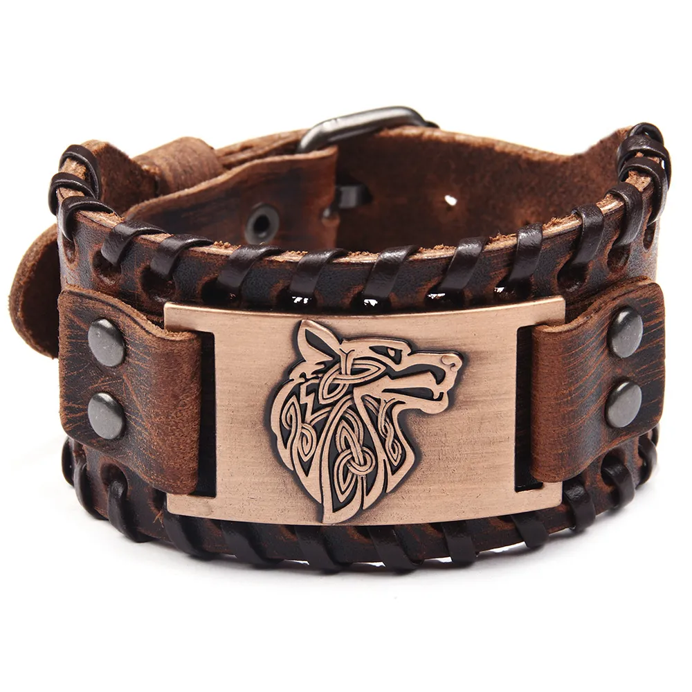 Wolf head Mens Cuff Bracelets Vintage Homme Charm Leather Retro Wide Stainless Steel Pin Buckle Fashion Accessories Jewelry9185018