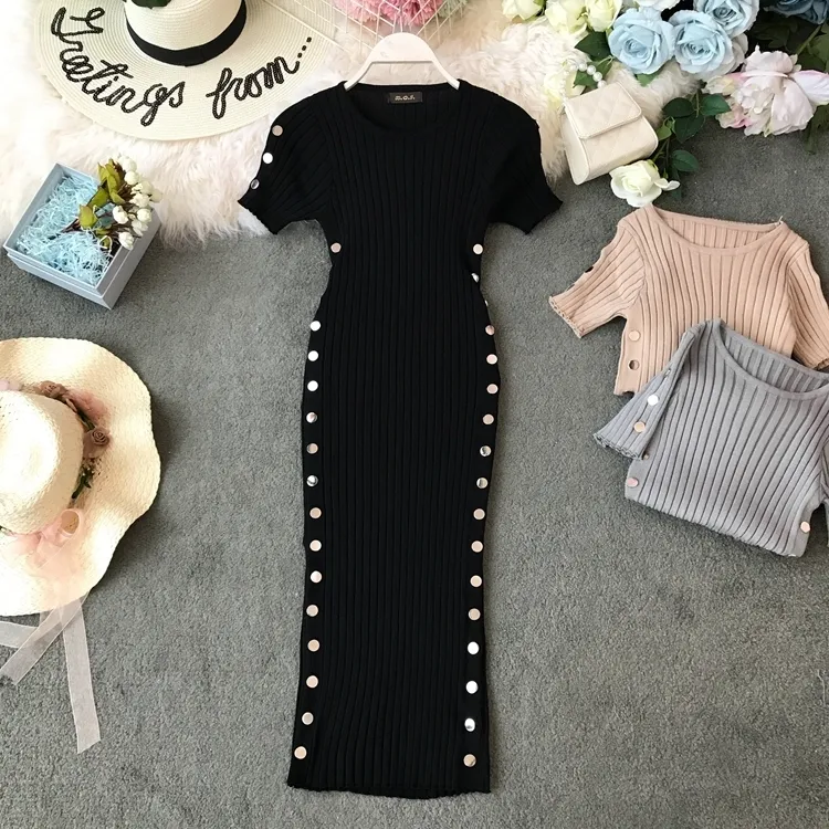 2019 Summer Women's Knitted O-Neck Short Sleeve Slim Fit Dress Side Double Row Buckle Hip Wrap Dress Ladies Sheath Dress T200526