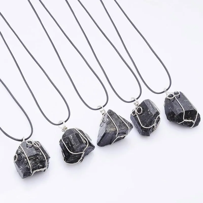 Natural Black Tourmaline Necklaces Wire Wrapped Rock Mineral Nuggets Reiki Healing Black Quartz Pendant Necklaces Femme Collier270Z