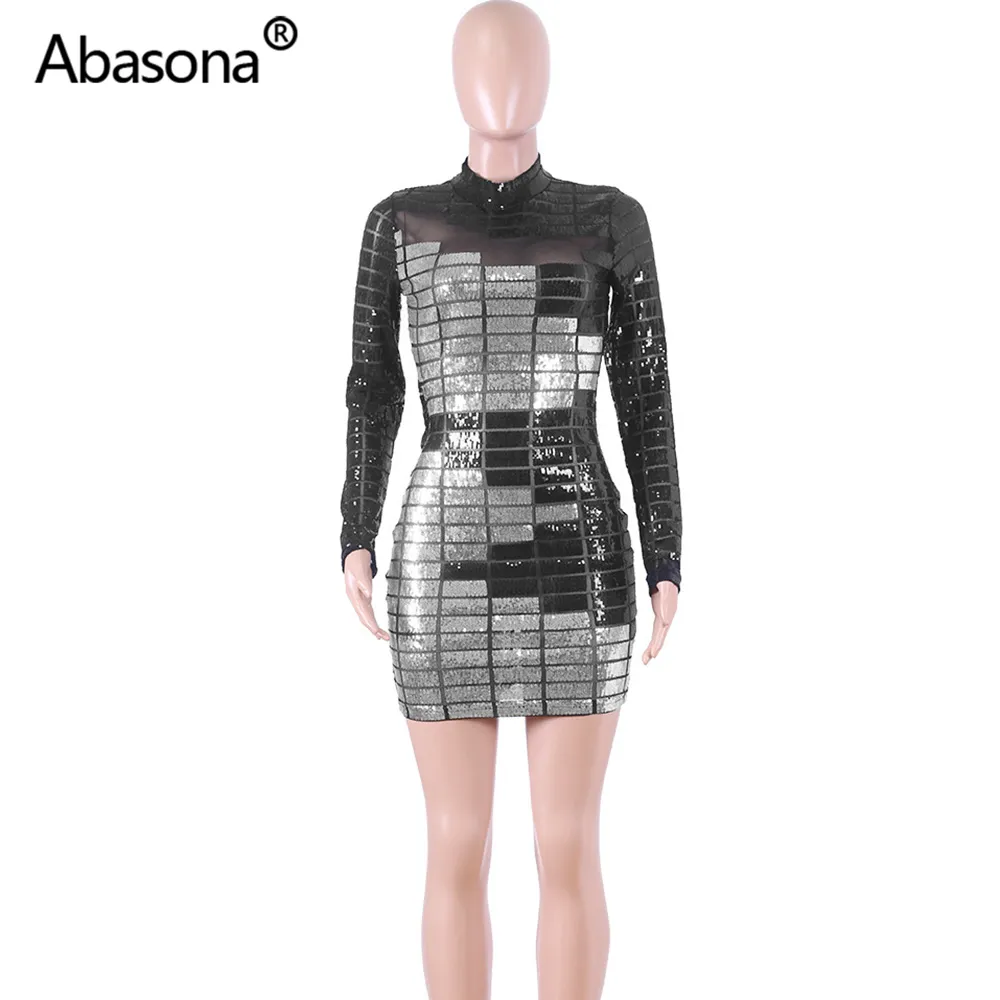 Abasona Paillettes Moulante Robes De Soirée Sexy Boîte De Nuit D'été Femmes 2021 Manches longues Serré Mini Robe Gaine Sheer Mesh Noir F113259K