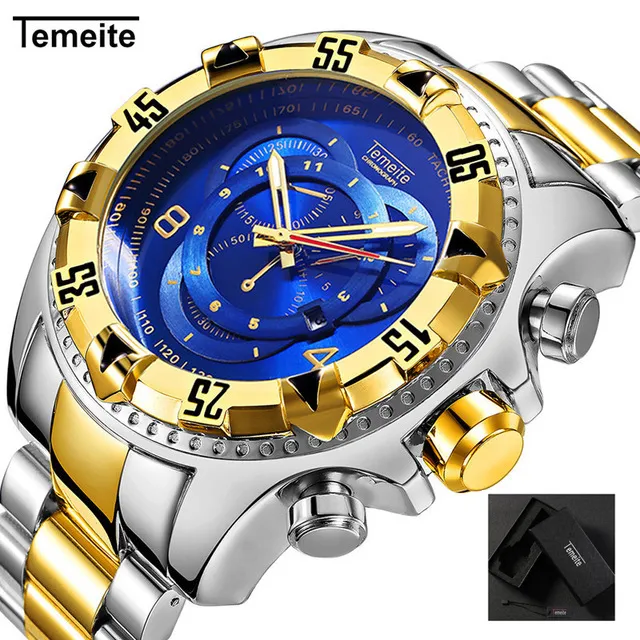 Relogio TEMEITE 2018 Nieuwe Quartz Horloges Heren Mode Creatieve Zware Waterdichte Horloge Luxe Goud Blauw Volledig Staal Masculino2249