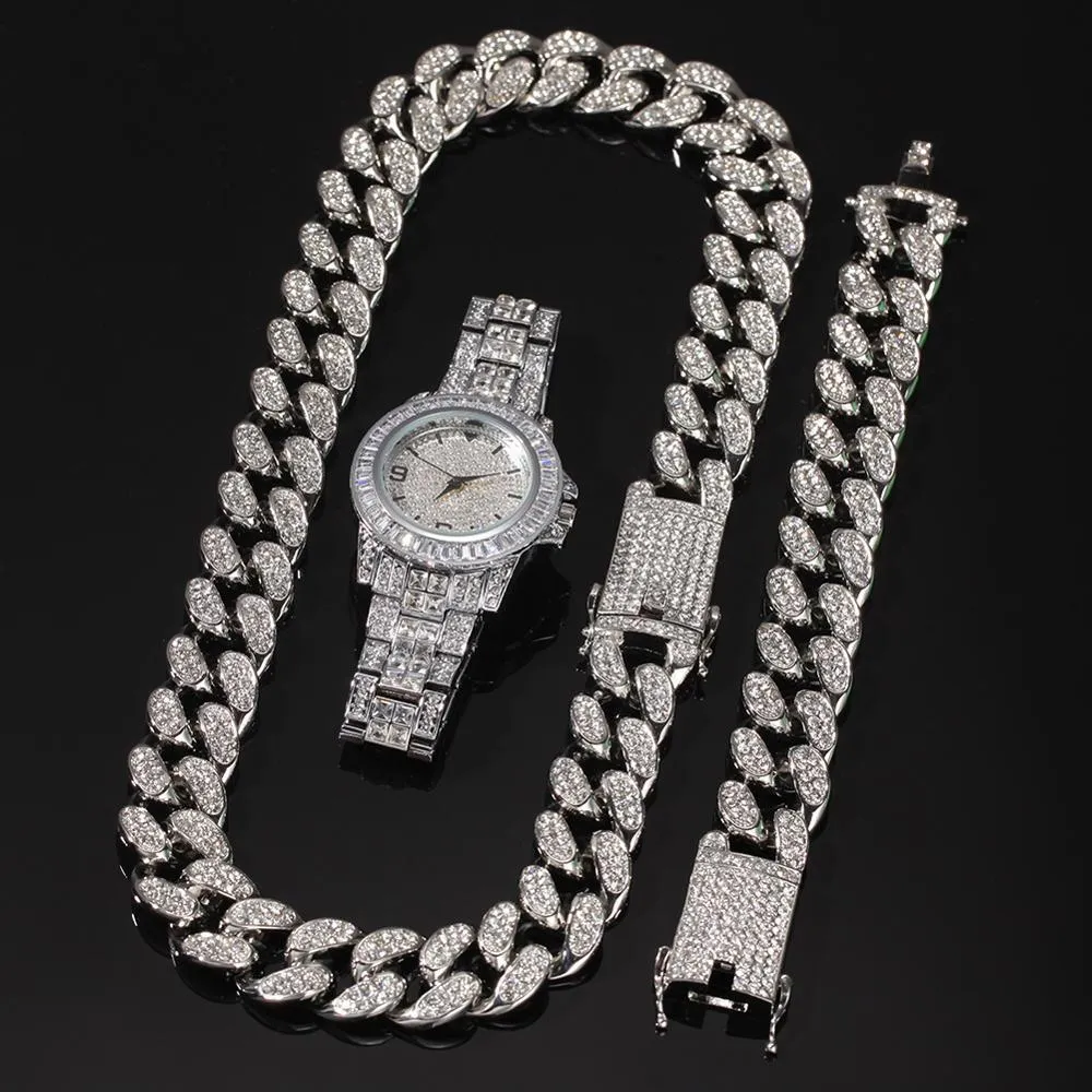 Set Men Hip Hop Iced Out Bling Chain Collier Bracelets Watch 20 mm Largeur Colliers Coubains Colliers Hiphop Charm bijoux Cadeaux2576