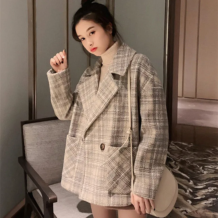 Bella философия плед шерстяное пальто женская осень зима свободная популярная корейская версия ретро маленький утолщенный твидовый слой 201218