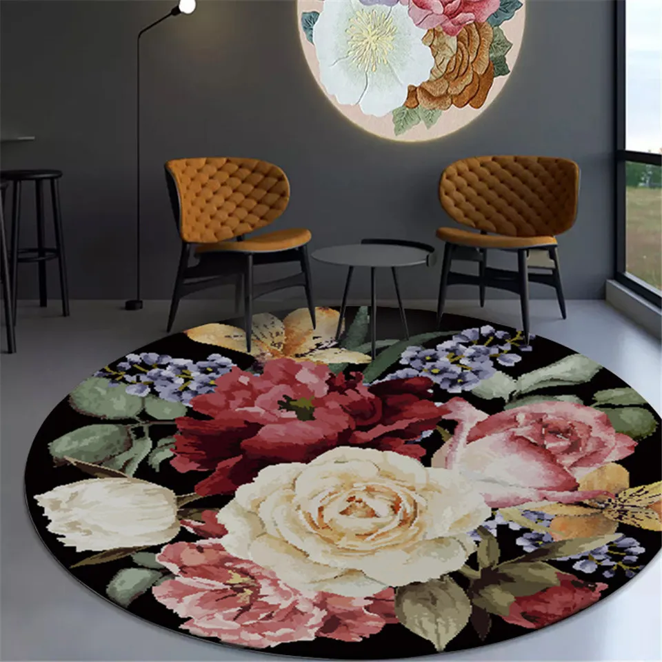 star 3D Floral Luxury Vintage Europe Flower Round Carpet Area Rug Black Floor Mat Dining Room Decor 201212