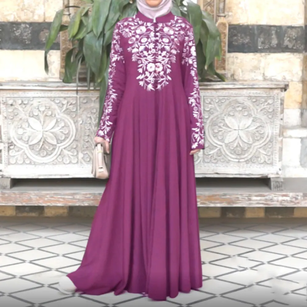 Dubai Müslüman Abaya Uzun Elbise Kadınlar Etnik Çiçek Baskı İslam Kaftan Robe Maxi Elbiseler Artı Boyutu Uzun Kollu Güz Femme Vestiod Y0118