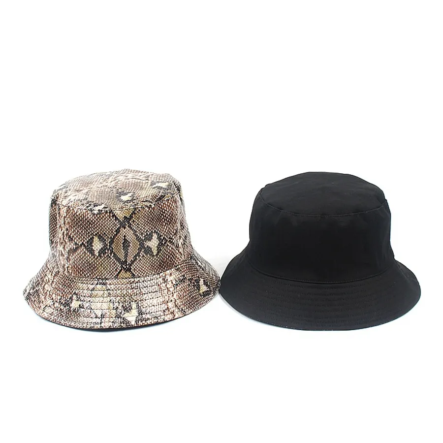 Nouveau PU motif serpent pêcheur gros unisexe mode Hip-hop Double face portant des chapeaux seau femme voyage ombre chapeau