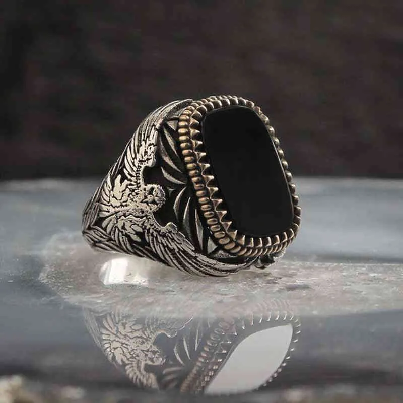 Retro handgemachte türkische Ring für Männer Vintage Doppel Schwerter schwarz Zirkon Ringe Punk trendige islamische religiöse muslimische Schmuck2596