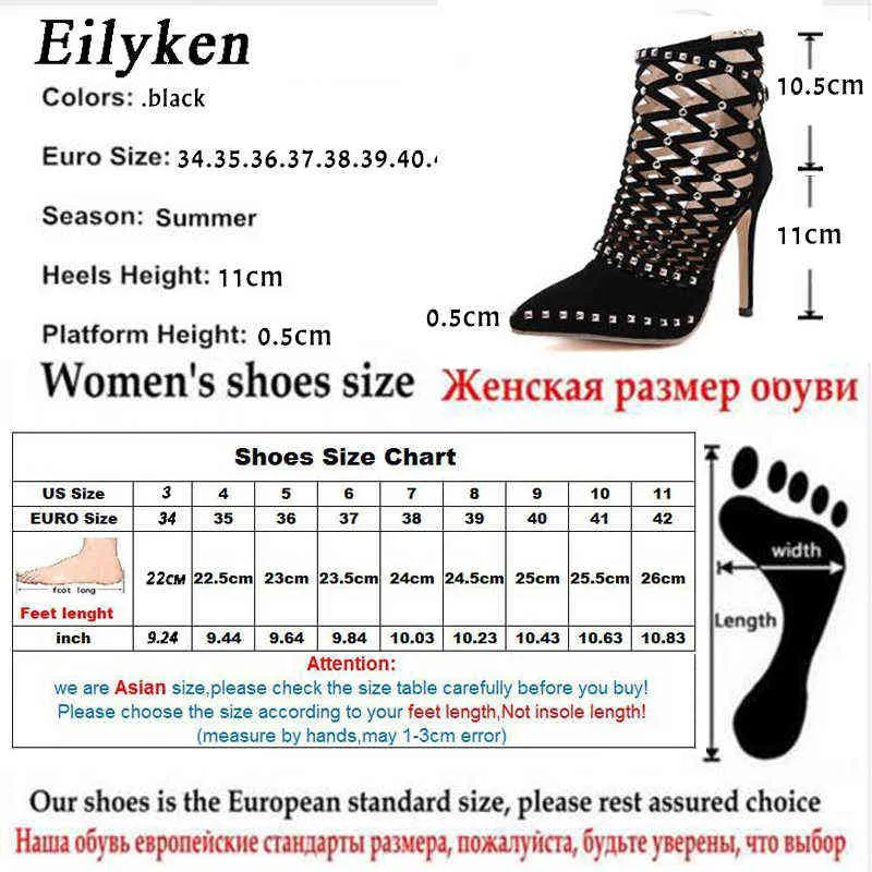 Sandaler Eilyken Gladiator Sandaler Sommar Spring Pekade Toe Rivets Studded Cut Out Caged Ankel Boots Stiletto Heel Women Shoes 220310