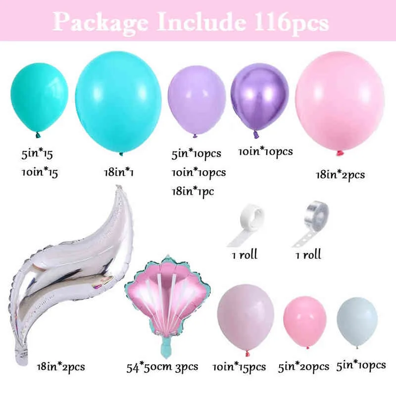 Mermaid Tail Shell Ballong Garland Arch Rosa Lila Latex Ballon Baby Shower Girl 1st Födelsedagsfest Favoriter Bröllopsinredning 211216