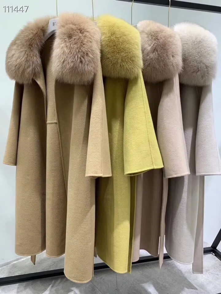 IHOBBY Alta qualità 100% lana donna grande collo di pelliccia di volpe cappotto invernale moda cintura di lana cappotto 201222