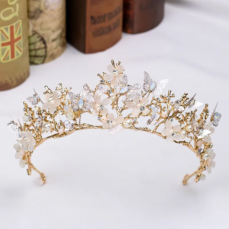 Barokke vintage gouden vlinder kroon bloemen bruiloft prom tiara hoofdband parel bruids headpieces bruid haaraccessoires haarband y320c