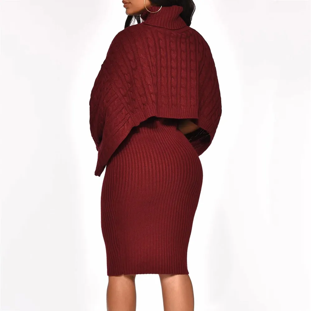 女性冬タートルネック長袖セータードレスファッション秋の暖かいボディコンプラスサイズMidiニットドレス2ピースセットレディ201028