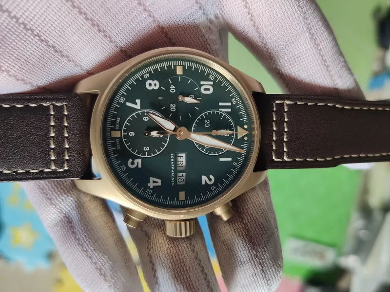 41mm Real Bronze Case 자동 7750 크로노 그래프 파일럿 남성 감시 사파이어 크리스탈 방수 손목 시계 정품 가죽 스트랩 날짜 303E