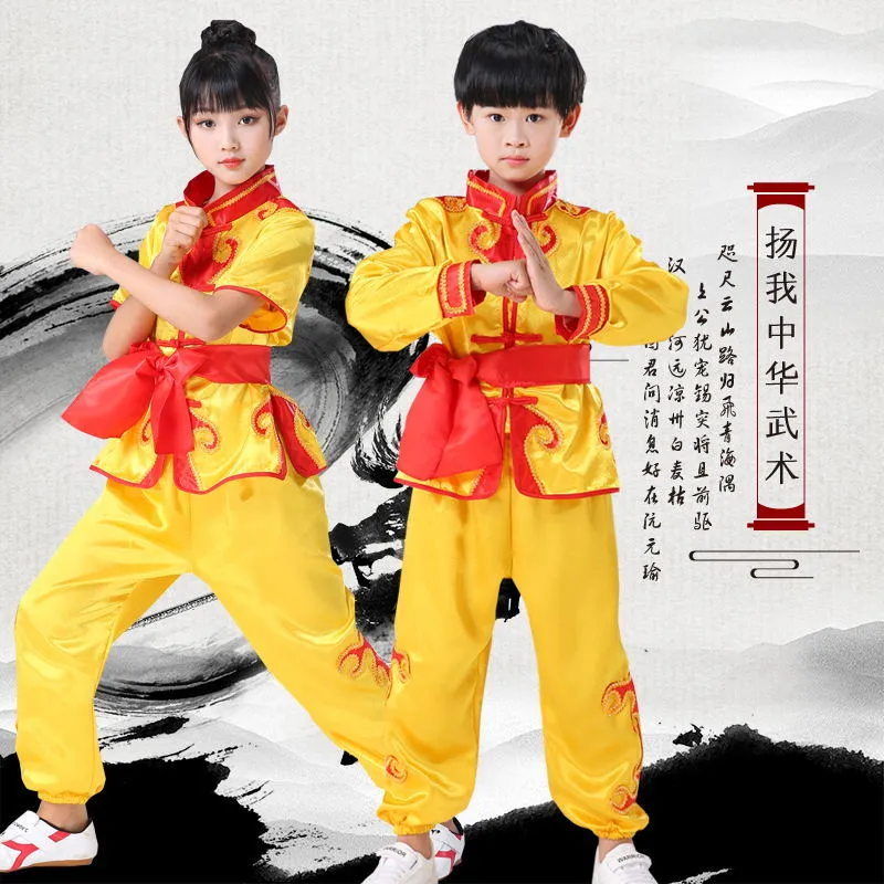 Nuova cultura cinese tradizionale Abbigliamento scenico Costume della mascotte Taglia bambini Vestito Wushu Kung FuTai Chi Uniforme Prestazioni di arti marziali Clot7555556