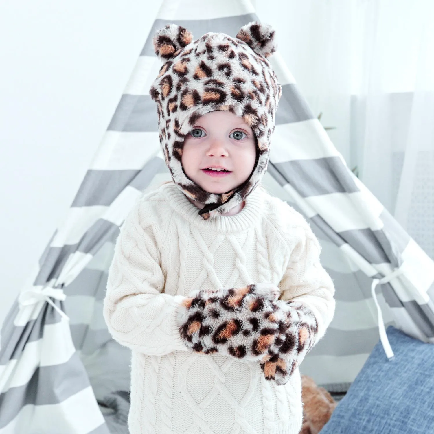 New Autumn Winter Warm Baby Leopard Plush Hat Mitten Set Child Babies Earmuff Hats Beanie Gloves Kids Hat + Gloves 