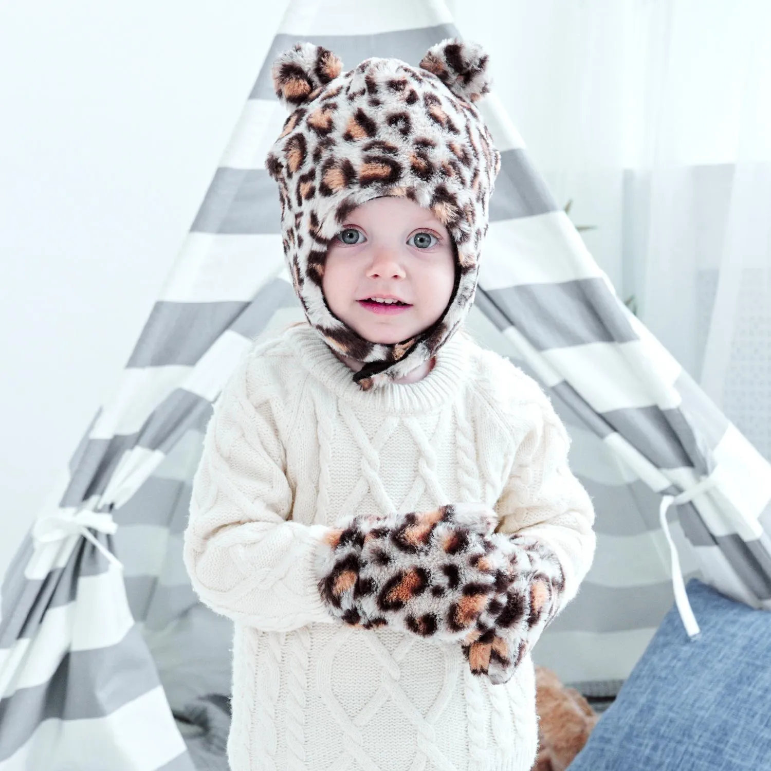 Nouveau automne hiver chaud bébé léopard en peluche chapeau mitaine ensemble enfant bébés cache-oreilles chapeaux bonnet gants enfants chapeau + gants 2 pièces/ensemble