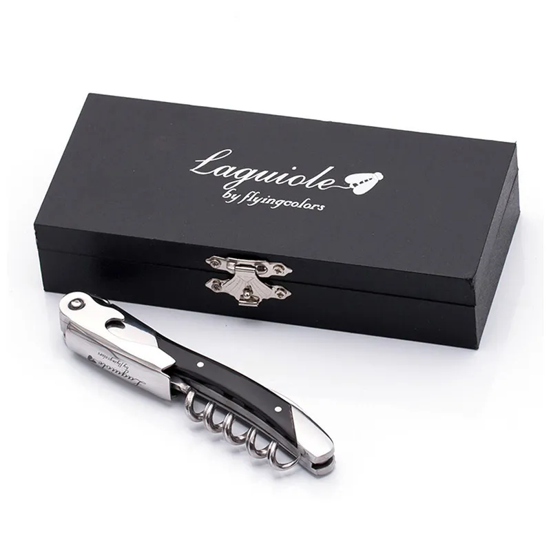 Laguiole Wood Handle Veals Wine Openers الفولاذ المقاوم للصدأ الفولاذ المقاوم للصدأ فتحة زجاجة Corkscrew سكين نبيذ العلبة الفتاحية في مربع هدايا المطبخ ملحقات Y2271