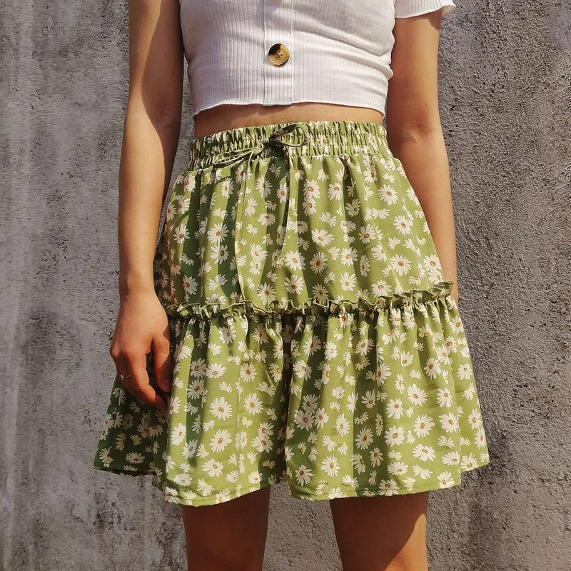 Summer 2020 women ruffles Swing skirt high waist female casual mini skirt A line flower skirt ladies sexy short beach skirts T200712