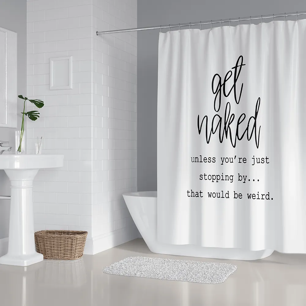 引用プリントホワイトシャワーカーテンポリエステルバスルームセット4ピーストイレットカバー浴室DIYの装飾T200711