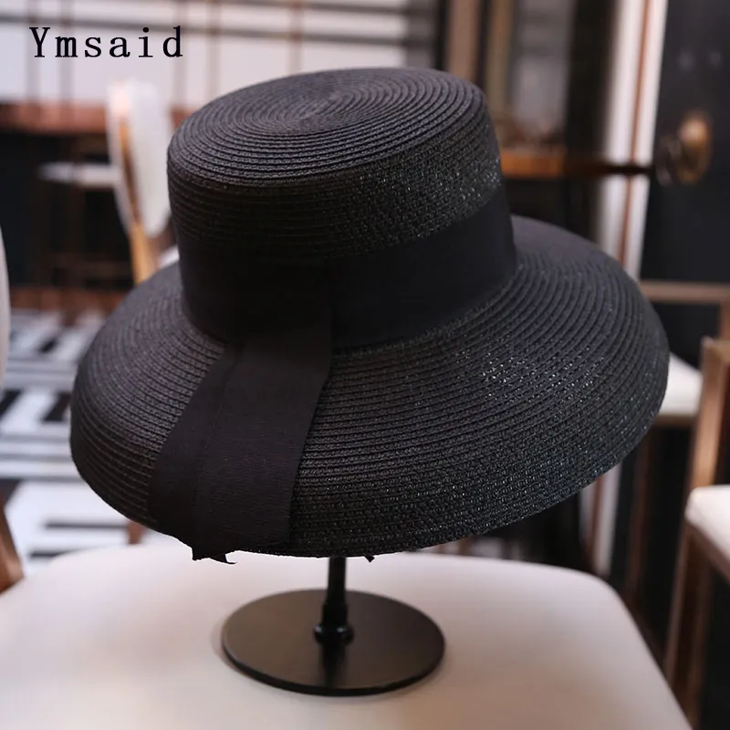 ymsaid women's Sun Summer Beach Straw women Boater Hat with libbon tie for Vacation Holiday Audrey Hepburn Y200602273o