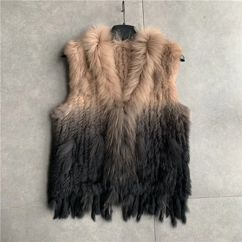 VR001 womens natural real rabbit fur vest with raccoon fur collar waistcoat/jackets rex rabbit knitted winter 201209