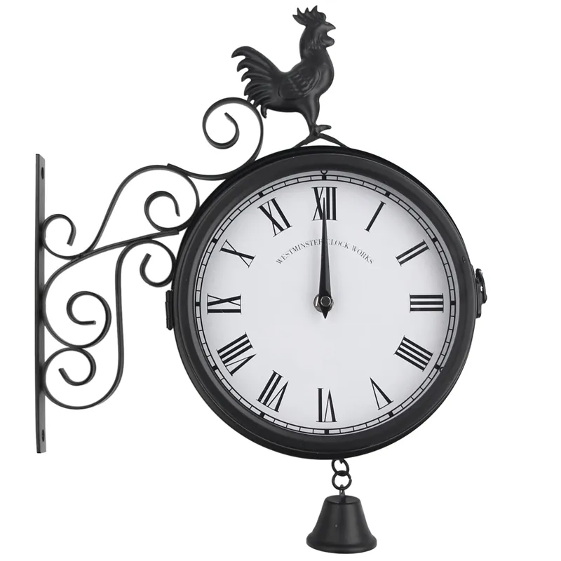 Outdoor Garden Wall Clock Dubbelzijdige Batterij Powered Vintage Retro Home Decor Coffee Bar Decoration Metal Hanging Clock 201118