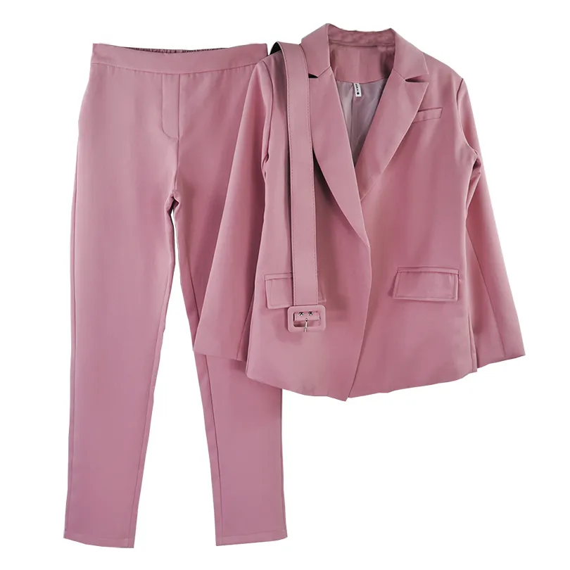 Mvgirlru office dame werk broek pakken vrouwen slanke lange mouwen sjerpen blazer + rechte broek elegante twee stuk set T200702