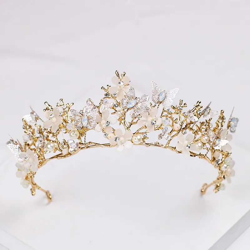 Barokke vintage gouden vlinder kroon bloemen bruiloft prom tiara hoofdband parel bruids headpieces bruid haaraccessoires haarband y320c