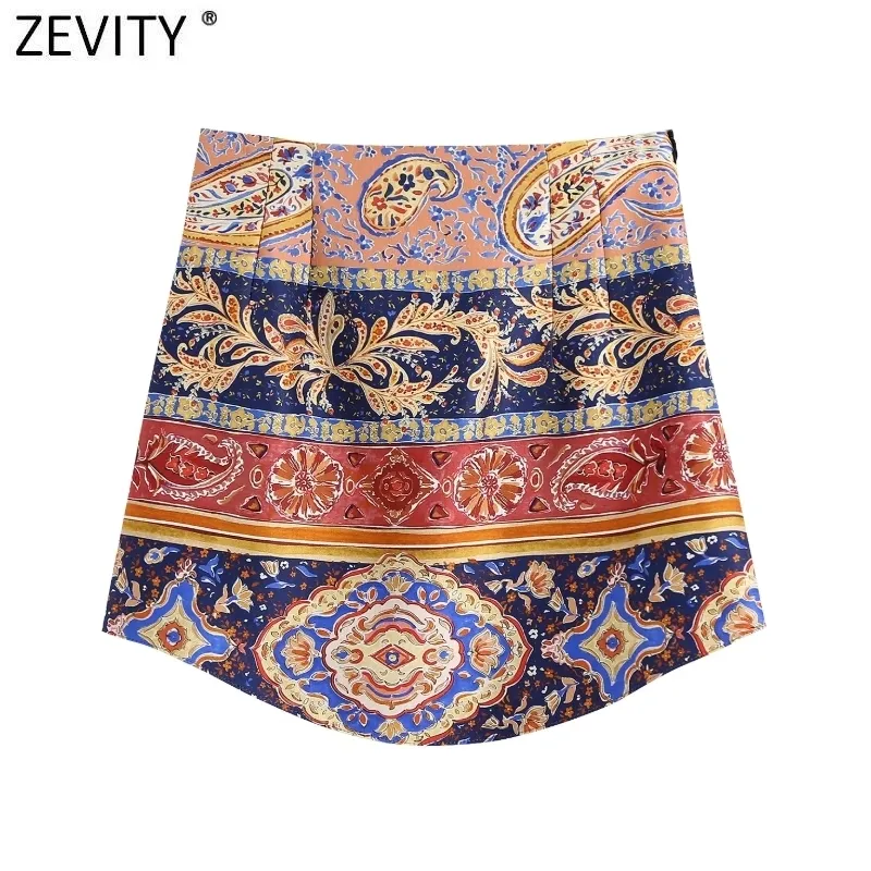 Zevity Women Vintage Cloth Patchwork Totem Floral Print Two Piece Cropped Shirt Skirt Autumn Fashion Casual Court Sets SU100 220221
