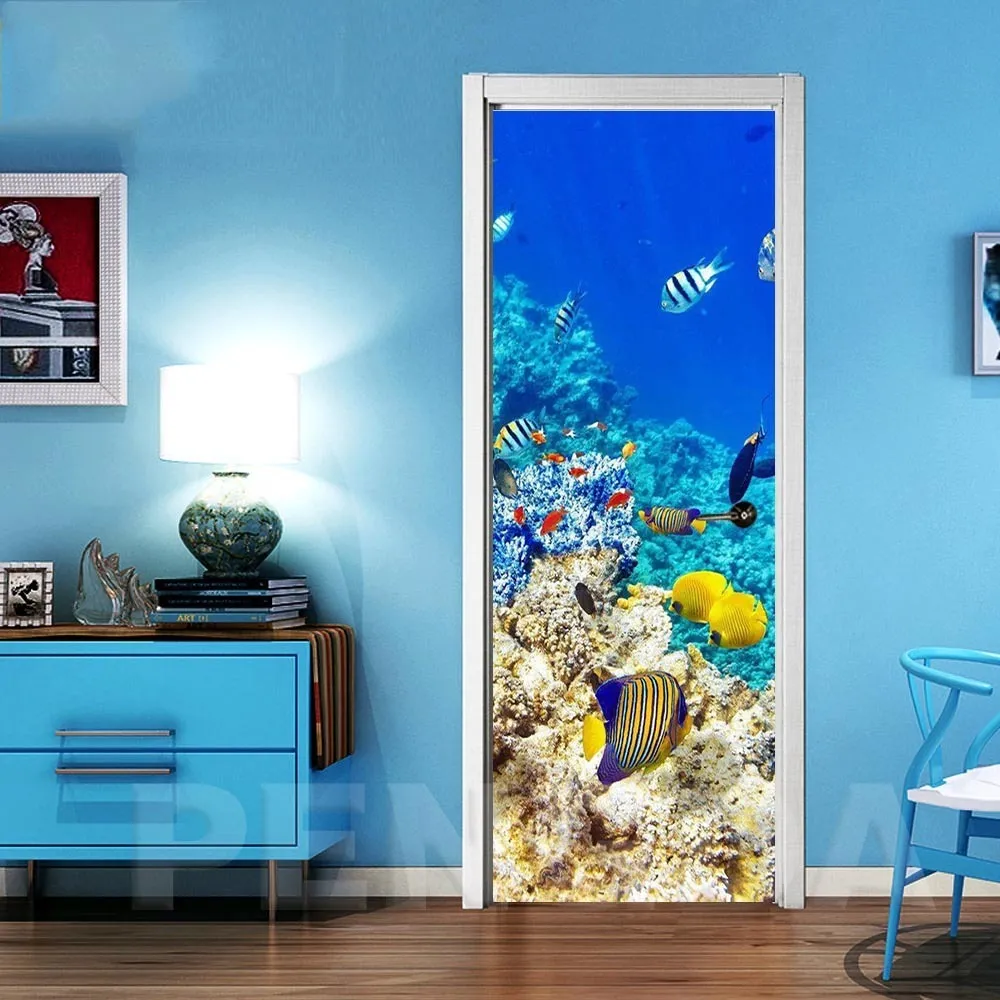 3D autocollant d'art mural auto-adhésif sur la porte du monde de fond de poisson nouvel autocollant pour la décoration de la porte de la maison rénovation impression toile photo T200331