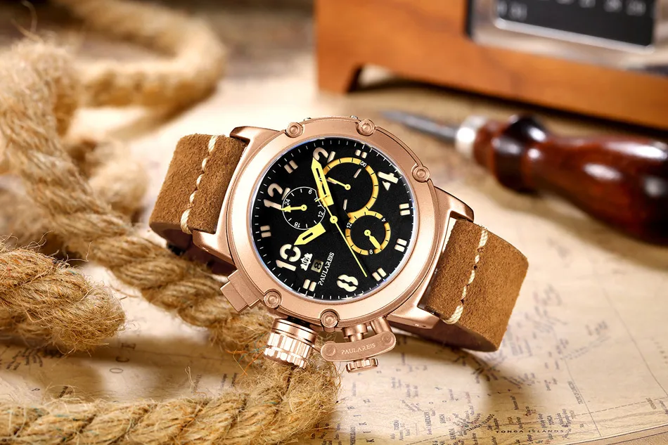 남성 자동 셀프 바람 기계식 진짜 갈색 가죽 다기능 날짜 보트 월간 Luminous Limited Rose Gold Bronze U Watch L251W