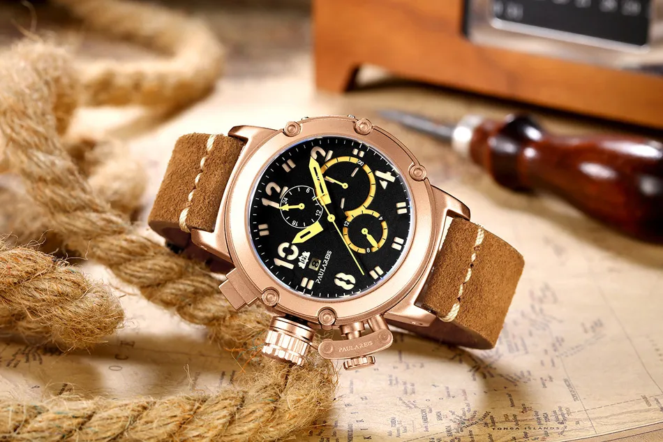 Orologio da uomo automatico a carica automatica meccanico in vera pelle marrone multifunzione data barca mese luminoso limitato oro rosa bronzo U Watch L288g