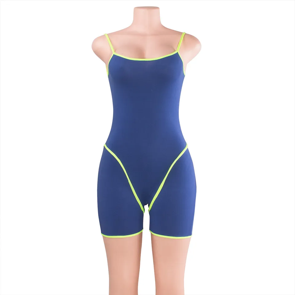 Correa de espagueti de las mujeres Colorblock Body Mono Shorts Sport Romper Sin mangas Bodycon Club Short Rompers T200616