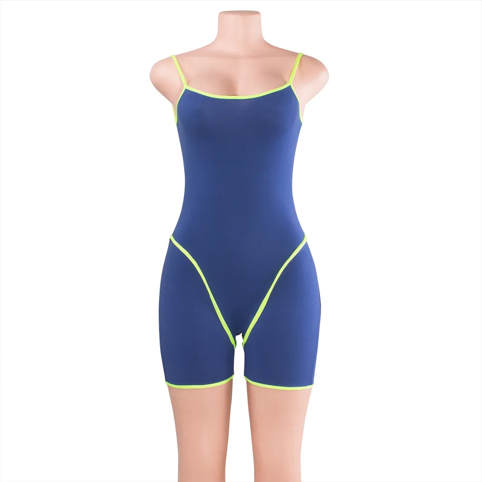 Femmes Spaghetti Strap Colorblock Bodys Combinaison Shorts Sport Romper Sans Manches Moulante Club Barboteuses Courtes T200616