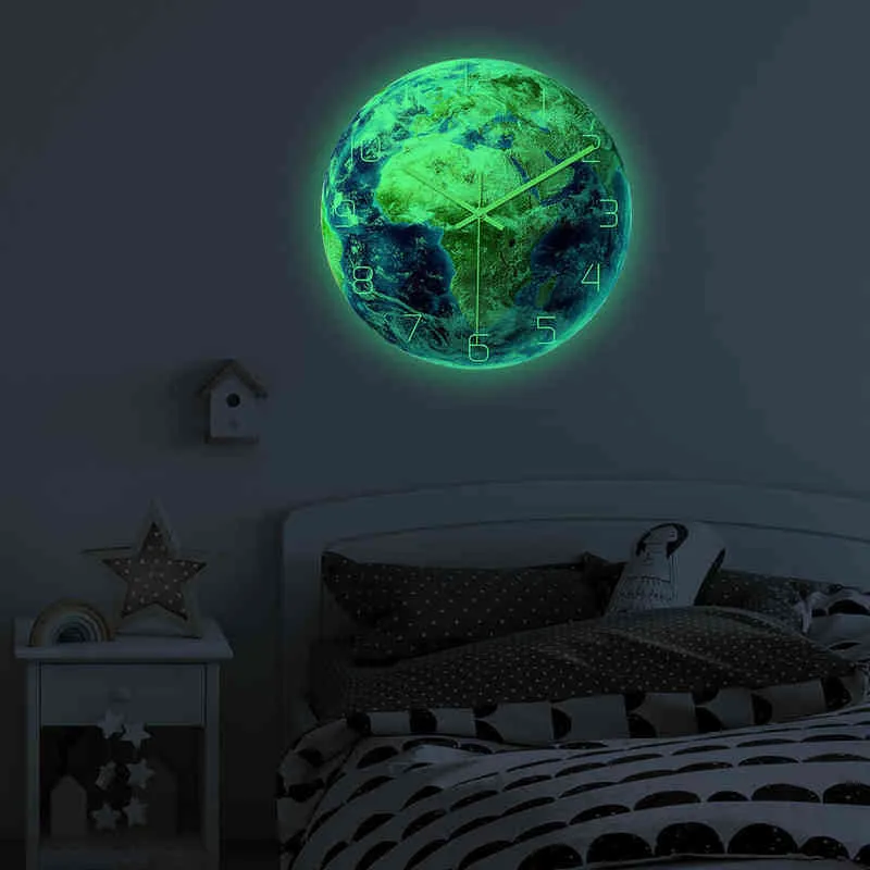 Horloge murale numérique de terre lumineuse pour la décoration intérieure salon chambre à coucher ronde Art montre à Quartz acrylique horloge de décoration fluorescente H1230