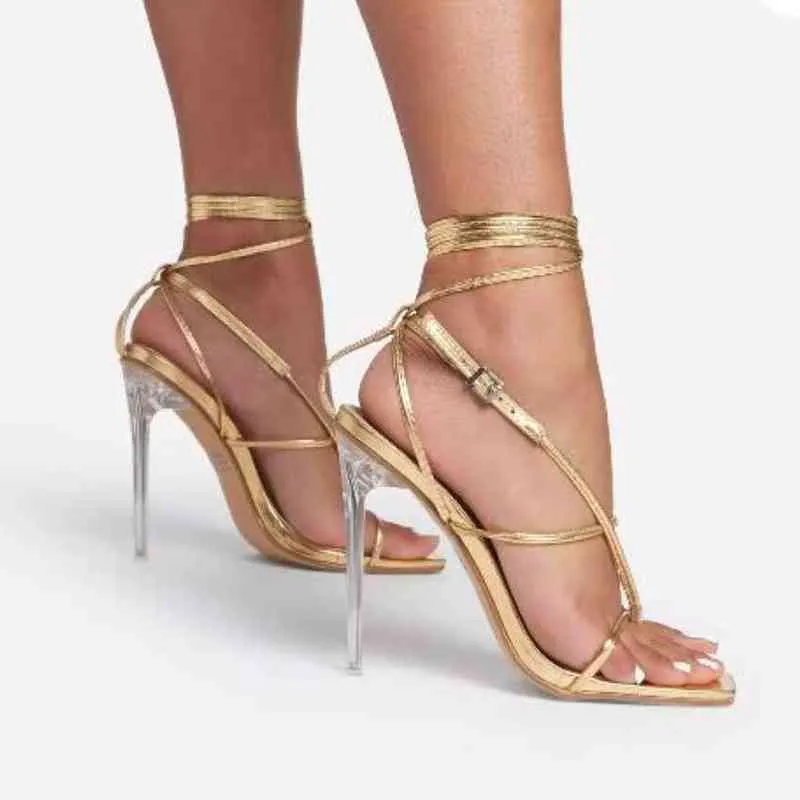 Sandales à talons aiguilles pour femmes, chaussures gladiateur transparentes à la cheville, sexy, pour fête de mariage, été 2022