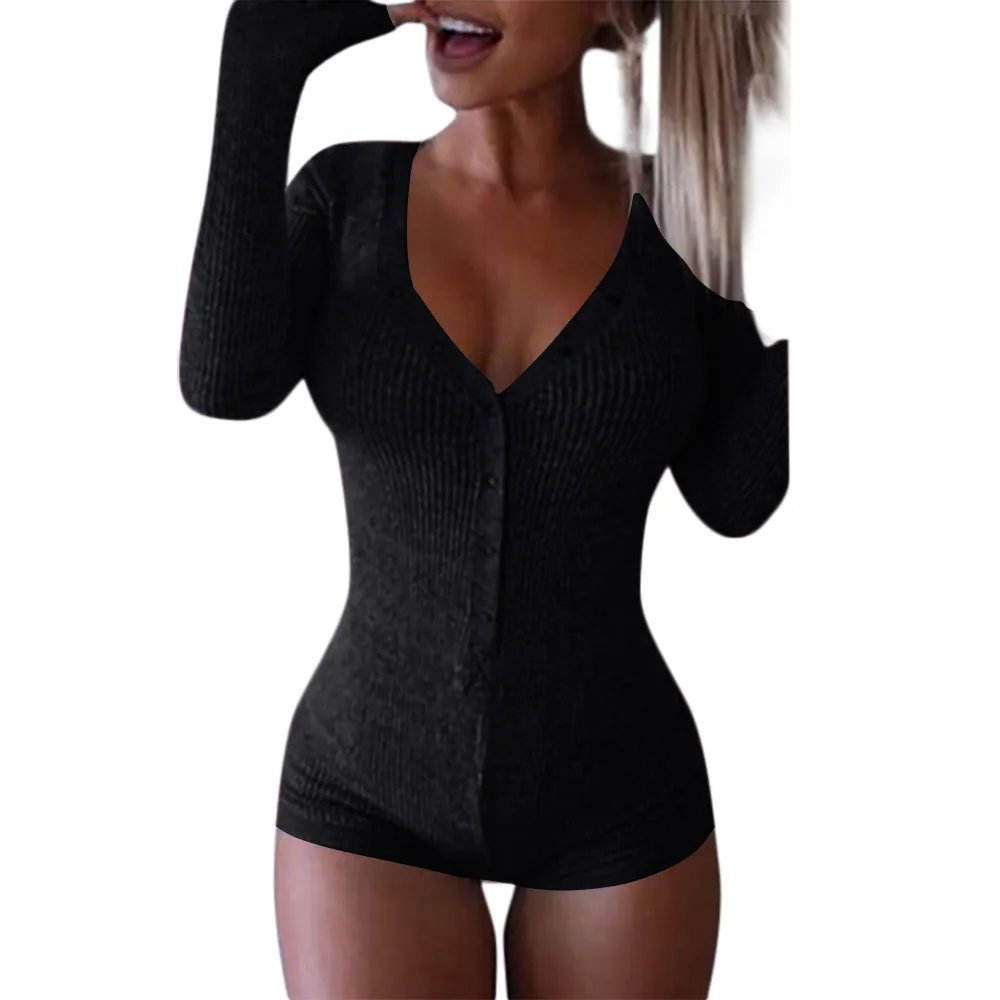 Frauen Sexy V-ausschnitt Baumwolle Body Langarm Herbst Kleidung Tragen Sexy Dünne Kurze Baumwolle Gestrickte Bodycon Verband Overall A3 T200704