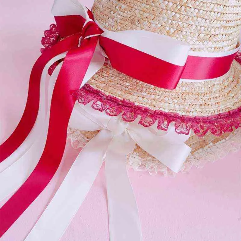 Japon lolita hasır güneş şapka ile dantel ilmek kordon kız geniş ağızlık saman kap uv koruma kova kap G220301