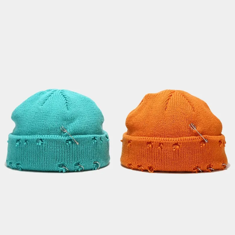 Inverno malha angustiado docker gorro com pino traineira gorros rasgado melão chapéu roll up edge solidéu para homem feminino 8732432